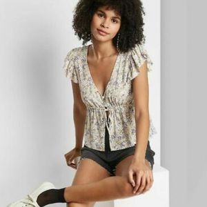 Wild Fable Open Front Floral Cropped Blouse with Waterfall Sleeves